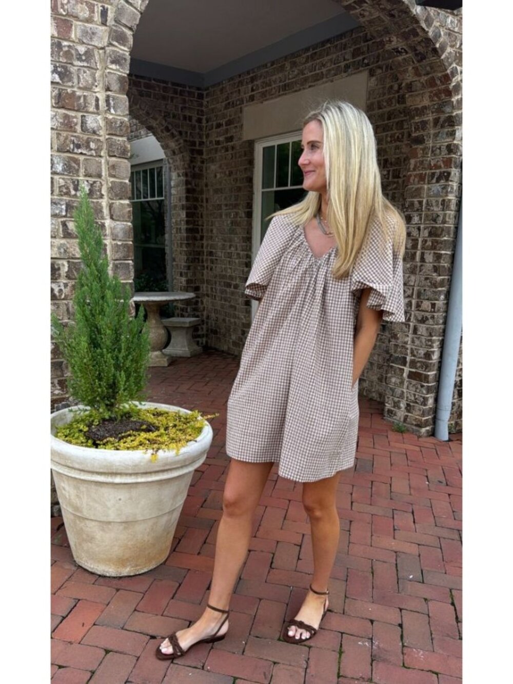 Tuckernuck Studio McGee Gingham Mini Finn Dress Cotton Brown Plaid Shift Large - Picture 5 of 16